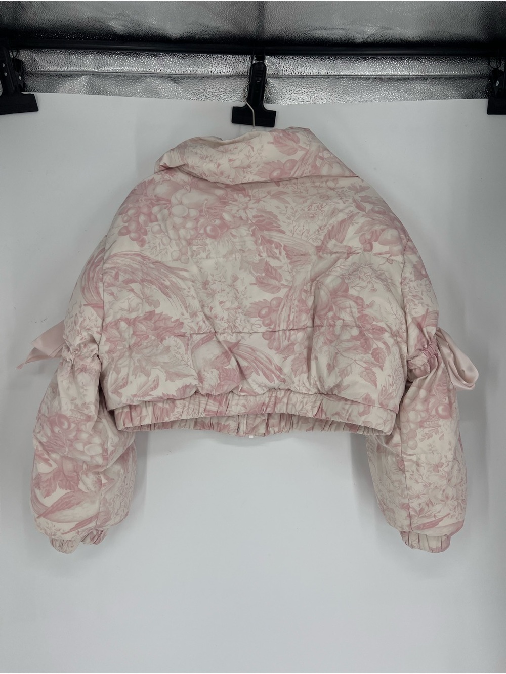 Selkie Pink & Cream Floral Cropped Bow Sleeve Coquette Puffer Jacket Coat M - Picture 8 of 8